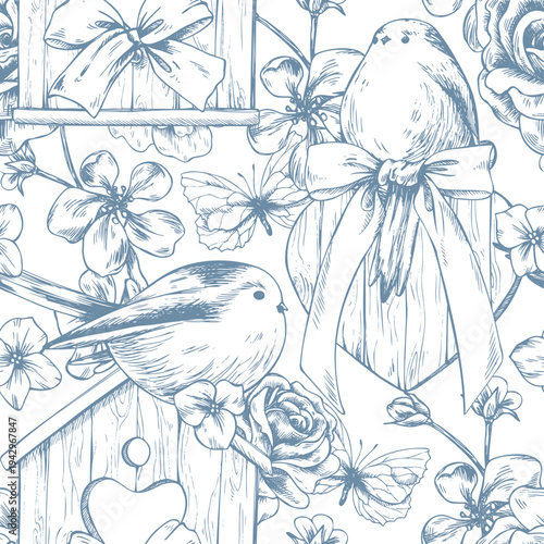 A wooden birdhouse and heart with bows, birds, and apple blossoms. A hand-drawn ink graphic illustration in a line art style. A seamless pattern for wedding and holiday decor.