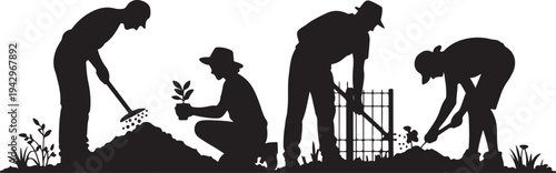 Silhouette of People Gardening and Planting Seedlings
