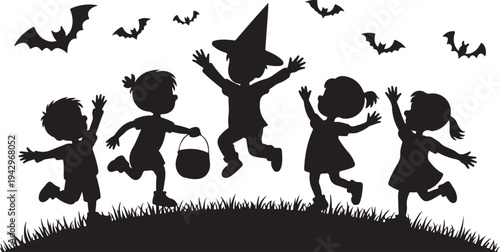 Children in silhouette celebrating Halloween with bats
