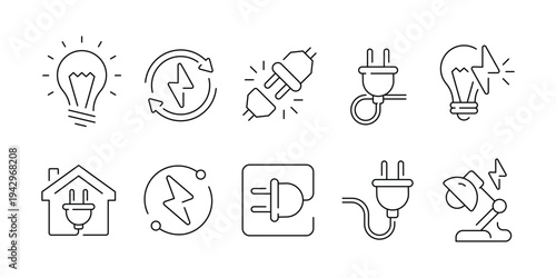 Electric Line Icon, Lightning, Plug, Energy Warning, Circuit Breaker, Power Tools, High Voltage, Socket, and Power Distribution Symbols Icon.