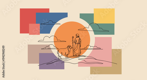 An abstract illustration featuring a shepherd with a sheep, using a modern geometric style with vibrant colors