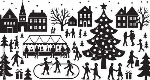 Christmas Village Silhouette with Ice Skaters and Market