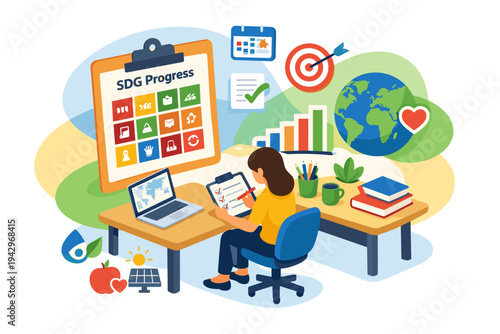 Woman working on sustainable development goals progress report.
