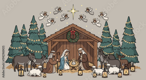 A charming nativity scene featuring Mary, Joseph, and baby Jesus in a stable, illustrated in a modern flat style