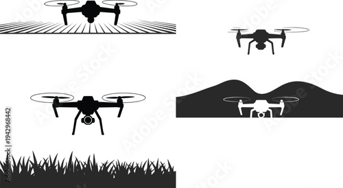 Black drone silhouette vector illustration flying over fields, grass, and hills, perfect for agriculture, aerial surveillance, mapping, stock art, and decorative projects.