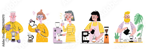 Colorful flat illustrations of people making coffee at home with different brewing methods
