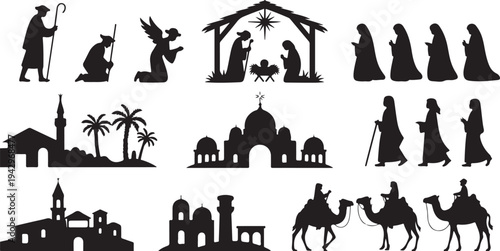 Nativity Scene Silhouette Collection with Wise Men and Buildings