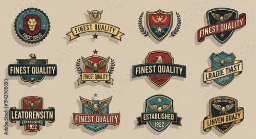 Collection of vintage emblems and badges with shields and banners.