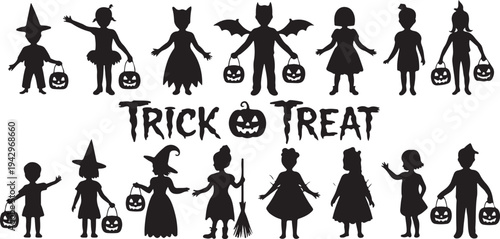 Halloween Trick or Treat Silhouettes with Children and Pumpkins