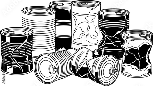Cans in various conditions black and white vector illustration
