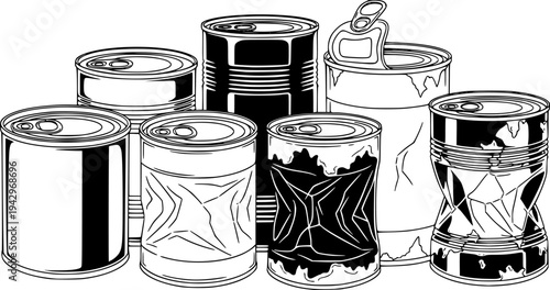 Cans in various conditions black and white vector illustration
