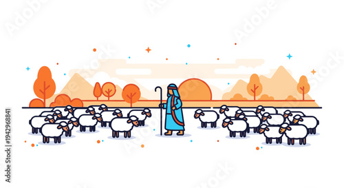 A shepherd guiding a flock of sheep against a serene landscape, featuring a minimalist and colorful design