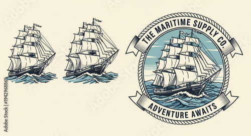 Vintage sailing ship illustration with maritime supply company logo.