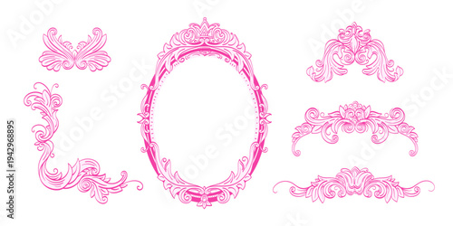 Vintage baroque mirror frame featuring elaborate floral ornament and crown element. Ideal for Victorian style wedding decor, elegant monogram and antique inspired decorative border. Vector hand drawn