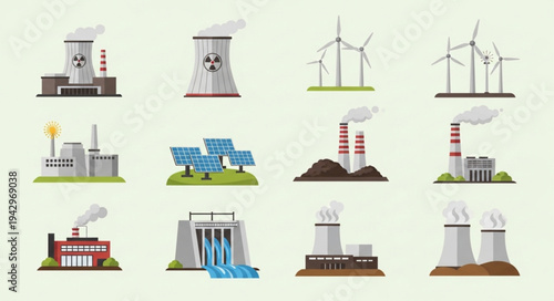 Collection of industrial power generation facilities icons.
