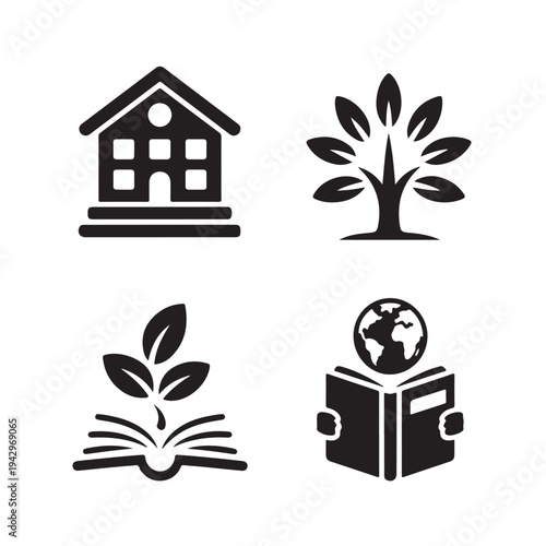 Educational and environmental icons set featuring school building, tree of knowledge, growing plant from book, and globe on open book