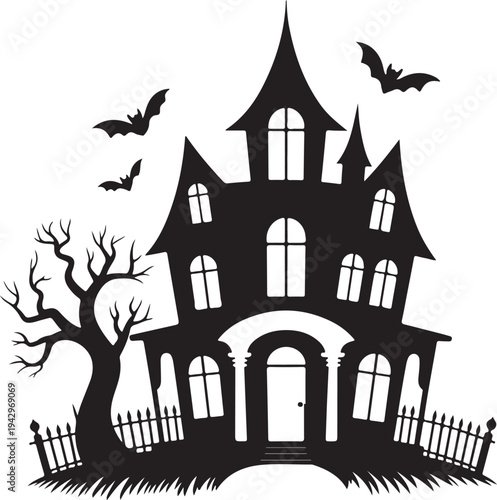 Spooky haunted house silhouette with bats and bare tree