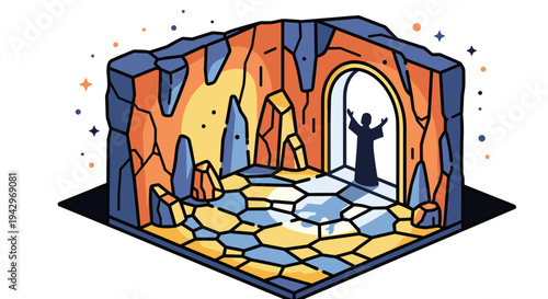 A mystical cave interior featuring colorful rock formations and a silhouetted figure, in a vibrant, modern style
