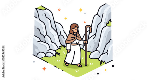A serene illustration of a shepherd standing among rocky mountains in a minimalist style, ideal for nature themes