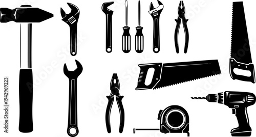 Black silhouette tool icons set illustration
