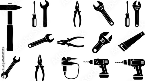 Black silhouette tool icons set illustration
