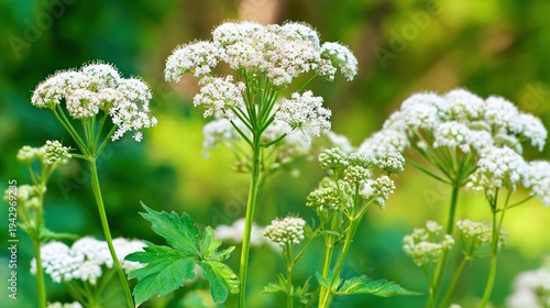 lovage. Tall lovage plants with umbrella-shaped flowers in summer garden, botanical style. gardening catalogs, home-decor guides, designed for home decor and floral branding, used by web designers.