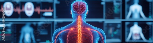 Back view Digital human body with glowing brain, vibrant red spine and nerves, against medical screens. Advanced neurological pain and health diagnostics concept. Neurology, Healthcare
