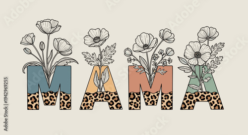 Stylized illustration of the word 'MAMA' with floral designs in a modern, trendy style
