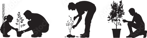 Silhouettes of adults and children planting trees sapling