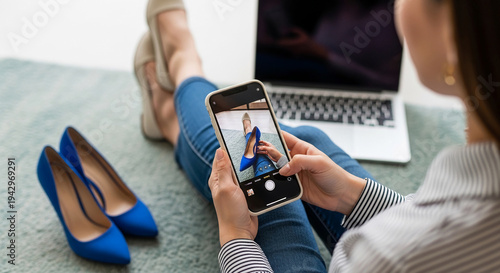Woman taking picture of blue heel shoe pair with phone, laptop and other shoes in background, representing consumerism, lifestyle, retail
