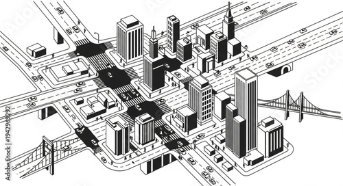 Aerial view of a busy city intersection with skyscrapers and elevated highways.