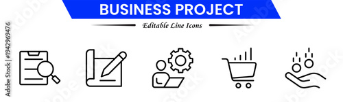 Business project icons depicting planning, teamwork, strategy, tasks, deadlines, meetings, reports, milestones, collaboration, management, analysis, workflow, productivity, progress, and goals.