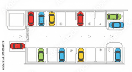 Aerial view of a parking lot with colorful cars.