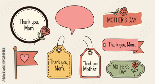 A collection of Mother's Day themed illustrations featuring heartfelt messages and decorative elements in a cute, modern style