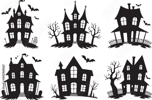 Six Halloween haunted house silhouettes with bats and gravestones