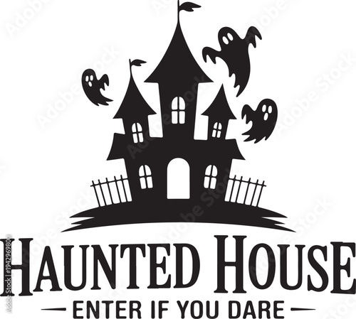 Haunted House Silhouette with Ghosts and Fence spooky