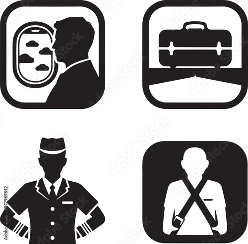 Four black and white travel showing airplane window passenger luggage and crew