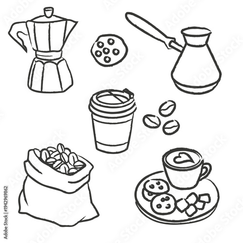 Hand drawn coffee doodle set with coffee cup, beans, moka pot and desserts