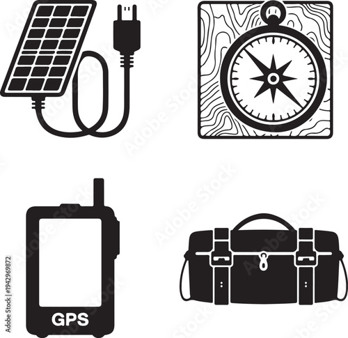 Four black of outdoor gear and navigation tools solar panel