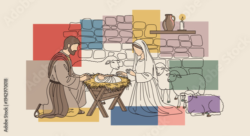 A minimalist illustration of the nativity scene featuring Mary and Joseph with baby Jesus, in a modern flat style