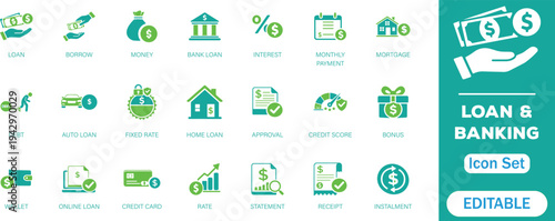 Loan and Banking solid icon set. Containing mortgage, borrow, interest, debtor, credit score, lender, instalment, rate, lending and more. perfect flat icons collection.

