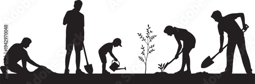Silhouettes of people planting trees and gardening