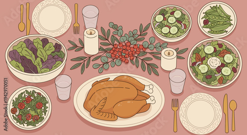 A beautifully arranged dinner table featuring roasted chicken, salads, and drinks in a minimalist style