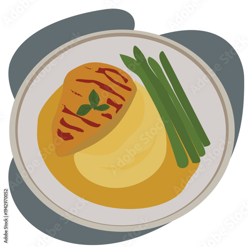 Mashed potatoes with roasted cutlet meal isolated vector illustration on white background
