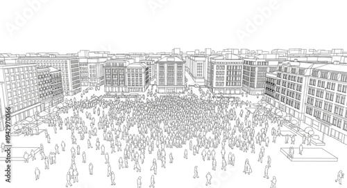 Large Crowd Gathering Outside Grand Building Facade.