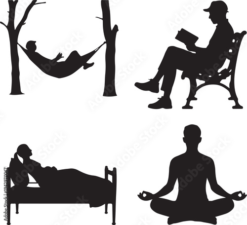 Four silhouettes of people relaxing and meditating