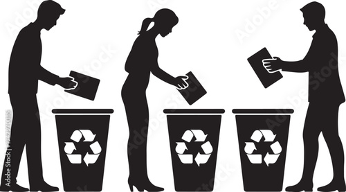 Three people sorting paper into recycling bins silhouettes