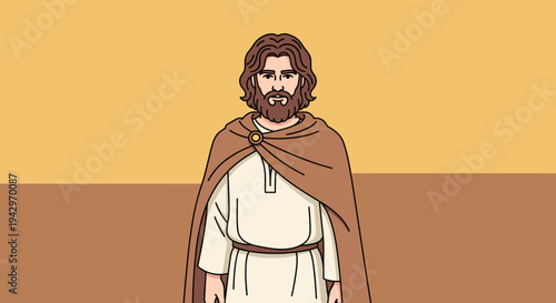 A character illustration of a man in traditional attire with a cloak, in a flat, modern style