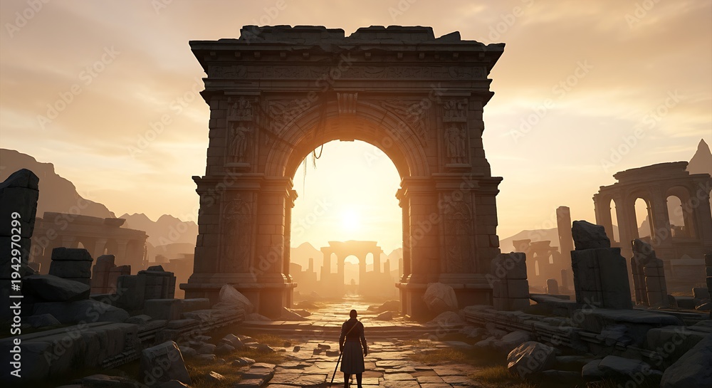 Fototapeta premium Ancient Ruins with Large Arched Gateway at Sunset Creating Dramatic Silhouette