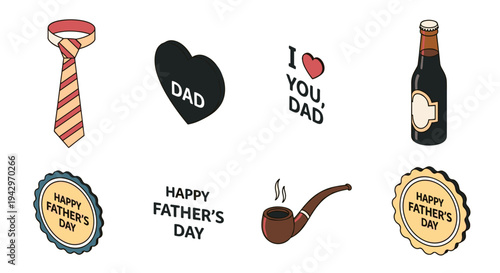 A collection of Father's Day themed icons featuring ties, hearts, and beverages in a playful, colorful style